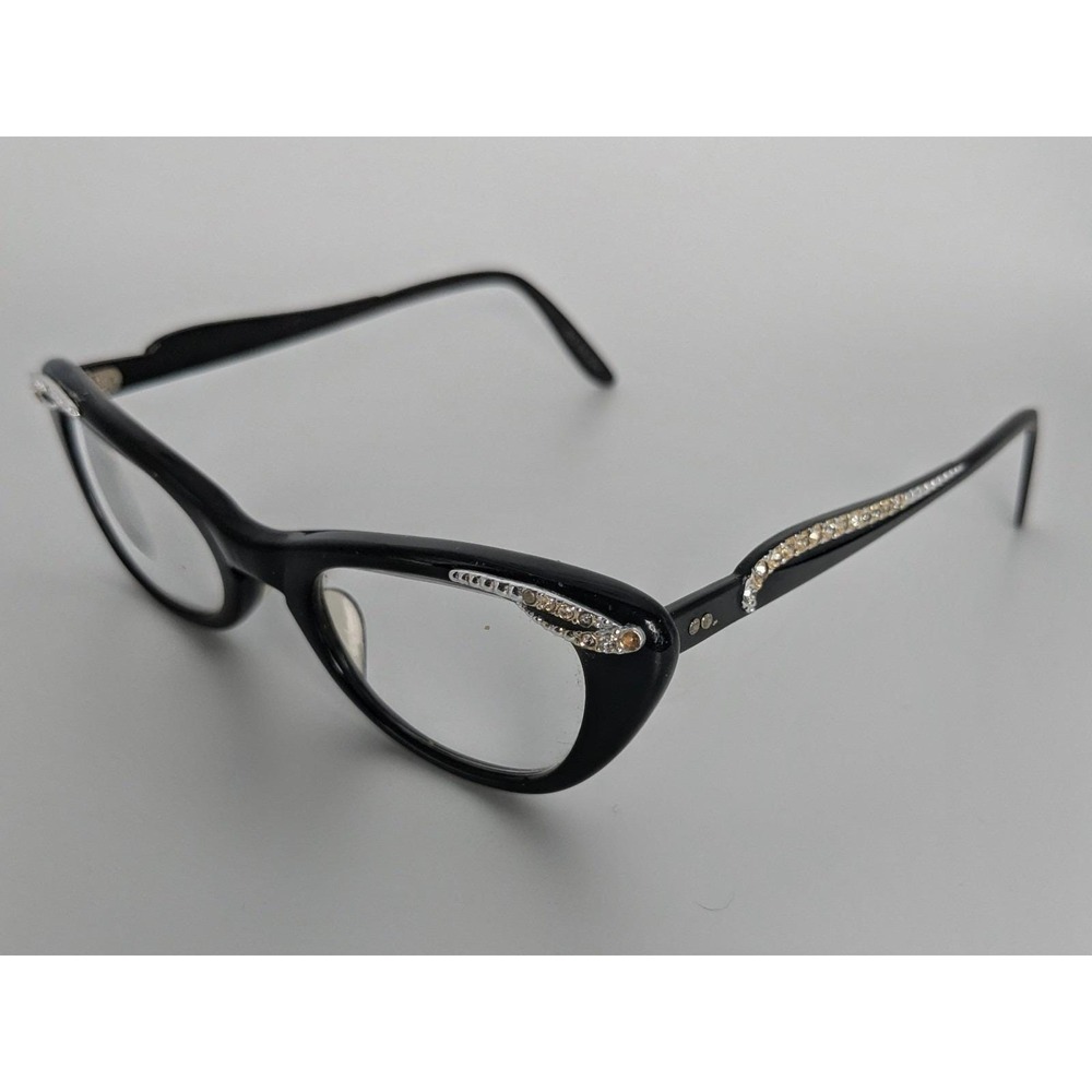 Vintage Black Cat Eye 50s 60s Eyeglass Frame Crystals Jeweled Plastic Metal Arms